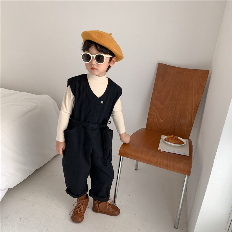 Herfst Koreaanse Stijl Katoen Pure Kleur Losse Mouwloze Jarretel Lange Broek Voor Mode Schattige Baby Meisjes En Jongens