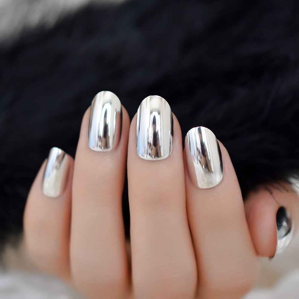 24pcs Zilver Medium Kunstmatige Volledige Gebogen Nail Metal Oval Meisjes Nep Nagels Spiegel Koele Valse Nagel Met Lijm Sticker