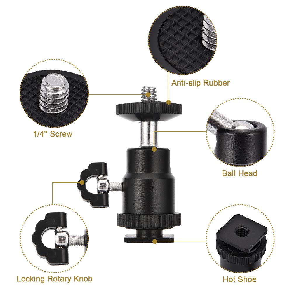 Mini Ball Head [2 Pack] With Shoe Mount Adapter 360 Degree 1/4 Inch Small Ball Heads Lightweight Swivel Micro-Ballhead