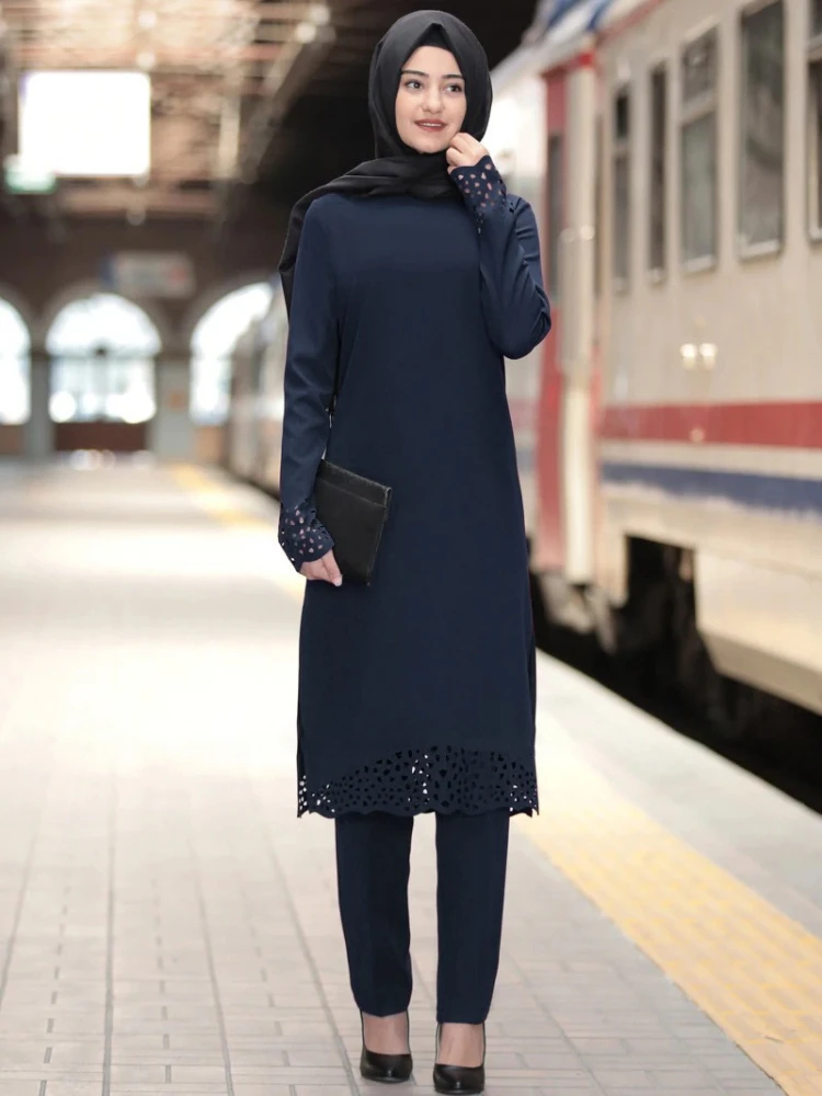 M -4xl todelte sæt toppe og bukser kvinder kalkun muslimsk abaya split kjoler ramadan marokkansk kaftan islamisk tøj: L / Sort