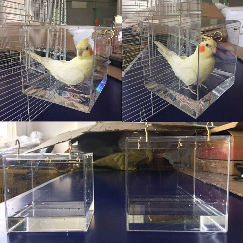 Papegøjer akryl med hængende kroge bruser cockatiel fugl badekar gennemsigtig kæledyr leverer parakitter bur hus rummelig rengøring