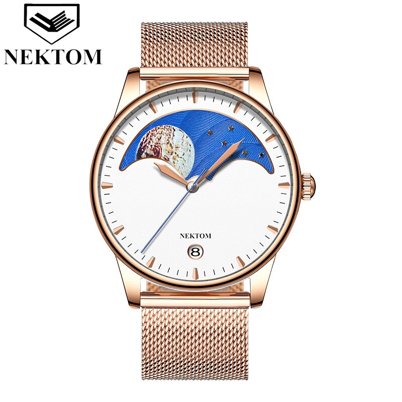 Nektom Echt Mesh Riem Heren Quartz Horloge Ultra-Dunne Kalender Waterdichte Student Paar Horloge: Blauw