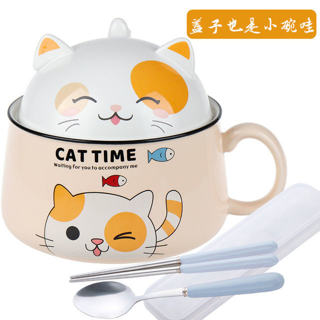 Cartoon Cat Bowl Ceramic Bowl Large Capacity Soup Bowl Kitchen Tableware Salad Bowl Ramen Noodle Bowl With Lid Spoon Fruit Bowl: Yellow  tableware