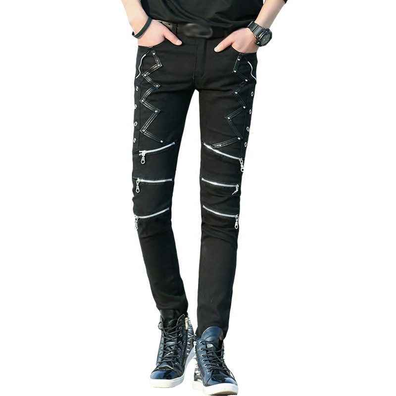 Slim fit byxor punk stil svarta lapptäcke läder dragkedjor dans nattklubb gothic coola jeans byxor för män