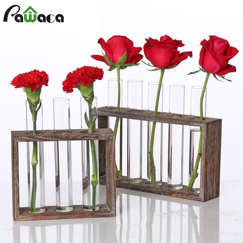 Glas provrör vas plantera blomkrukor med trä stativ hydroponiska växter bonsai kruka hem bordsskiva trädgård dekoration