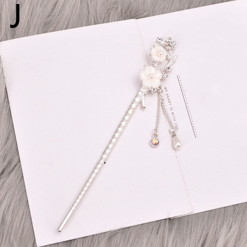 Pałeczki do włosów w stylu chińskim metalowe Rhinestone włosy kij kobiety Tassel kwiat perłowy chluba szpilka akcesoria biżuteria do włosów: J