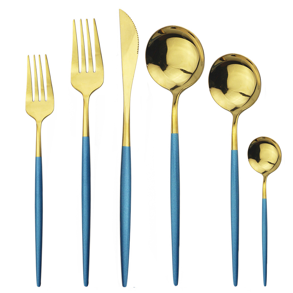 6Pcs Red Flatware Set Knife Fork Spoon Cutlery Set 304 Stainless Steel Dinnerware Set Mirror Green Gold Tableware Set Silverware: Blue Gold