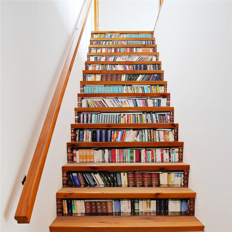 13 stykker/sæt diy 3d trappe klistermærker bibliotek reol mønster til hus trapper dekoration stor trappe vægklistermærke