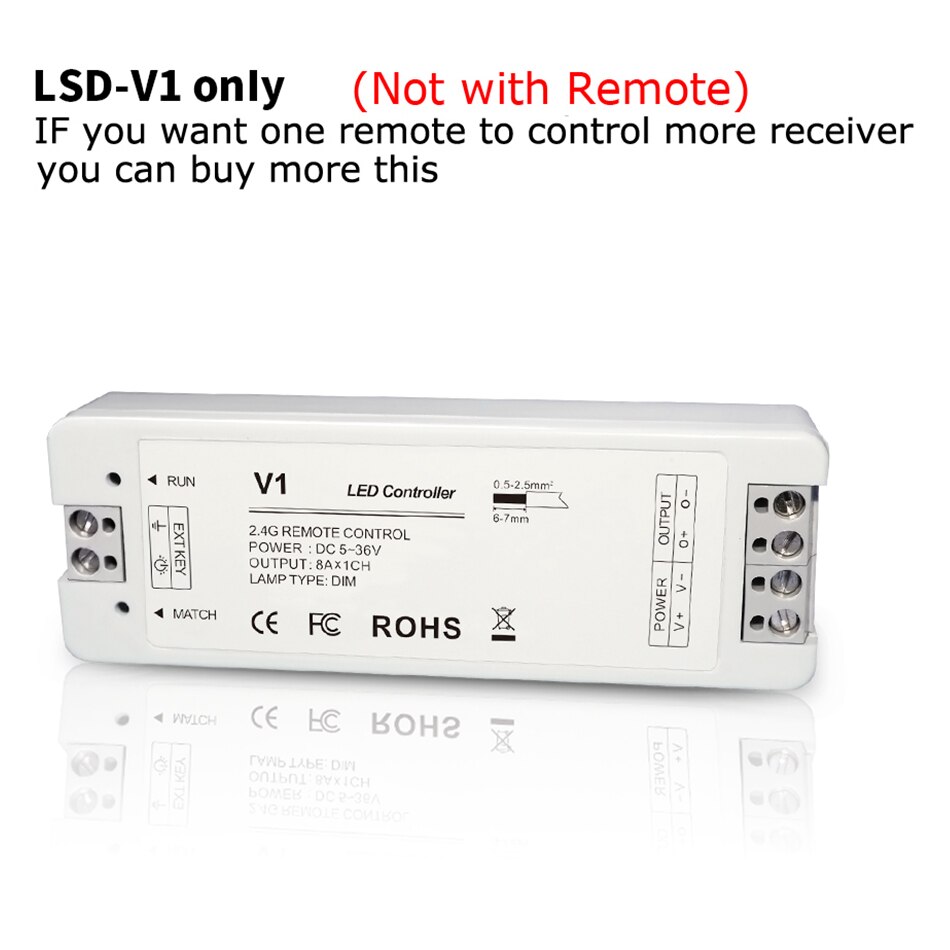 Lisxchda-regulador de intensidad LED, 12V, 5V, 24V, 36V, 8a, PWM, inalámbrico, regulador de intensidad con encendido apagado, con mando a distancia de 2,4G para cinta de LED de único Color: LSD-V1 Dimmer ONLY