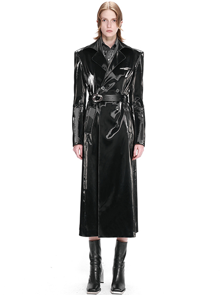 Lautaro autunno lungo nero impermeabile riflettente Trench in pelle verniciata per cintura donna doppio petto moda europea 2022: XXL