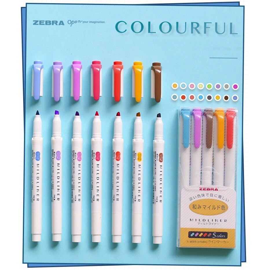 Zebra Mildliner Double Ended Highlighter Pen Set, WKT7 Mild Liner Chisel Marker Fluorescent color Lettering Drawing Paint F6506