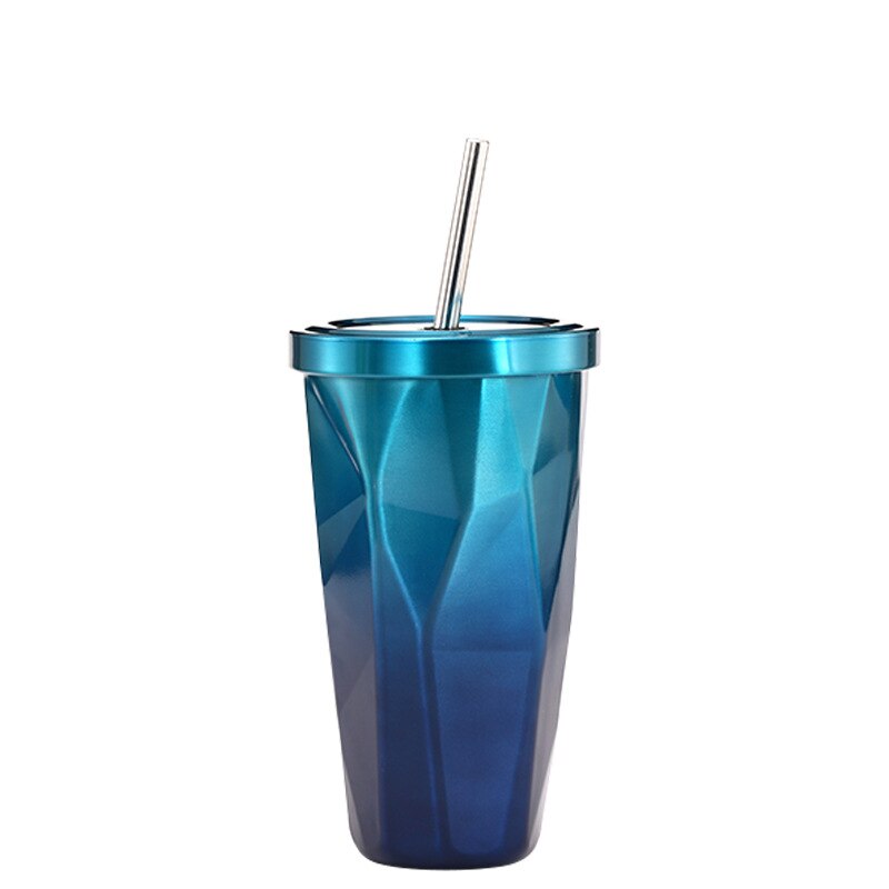 0.5 l garrafa de água canecas irregular parede dupla copos de aço inoxidável praia arco-íris gelo vinho copo com tampa canudos garrafas wj826: BLUE