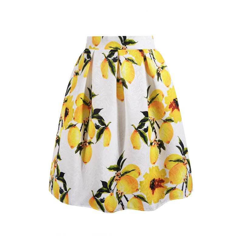 Sommer nederdele til piger med blomsterprint vintage afslappet plisserede nederdele til kvinder midi knælange retro nederdele teenager nederdele: Citron