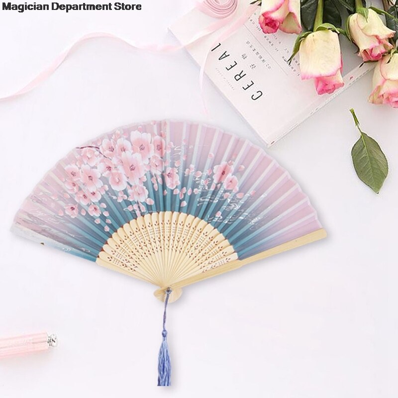 1Pcs Japanse Stijl Vouwen Fan Vintage Pruim Sakura Bamboe Zijde Bamboe Thuis Ornamenten Bloemen Schilderen Elegante Luxe Decoratie