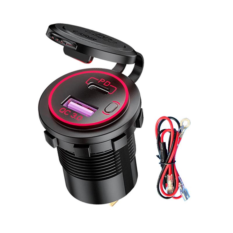 Wasserdicht 12V 24V QC 3,0 Typ C Dual USB PD Schnelle Auto Ladegerät mit Energie Schalter für Lkw motorrad Marine Stiefel SUV ATV Cellphon: rot A mit Kabel