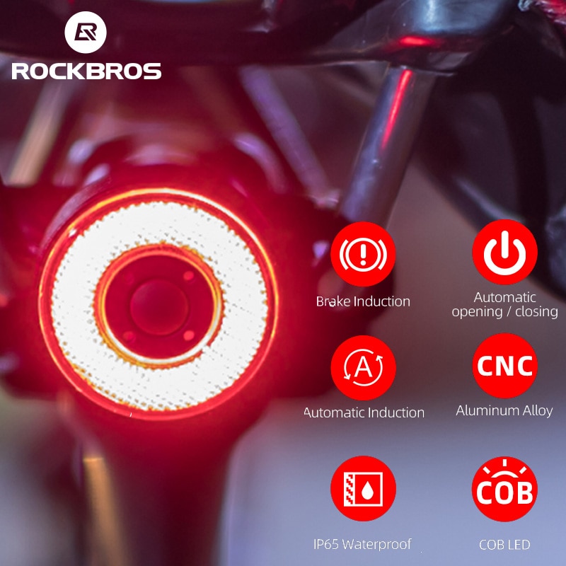 Rockbros smart cykel cykel baglys auto start / stop bremseføler lys ipx 6 vandtæt led lommelygte cykeltilbehør