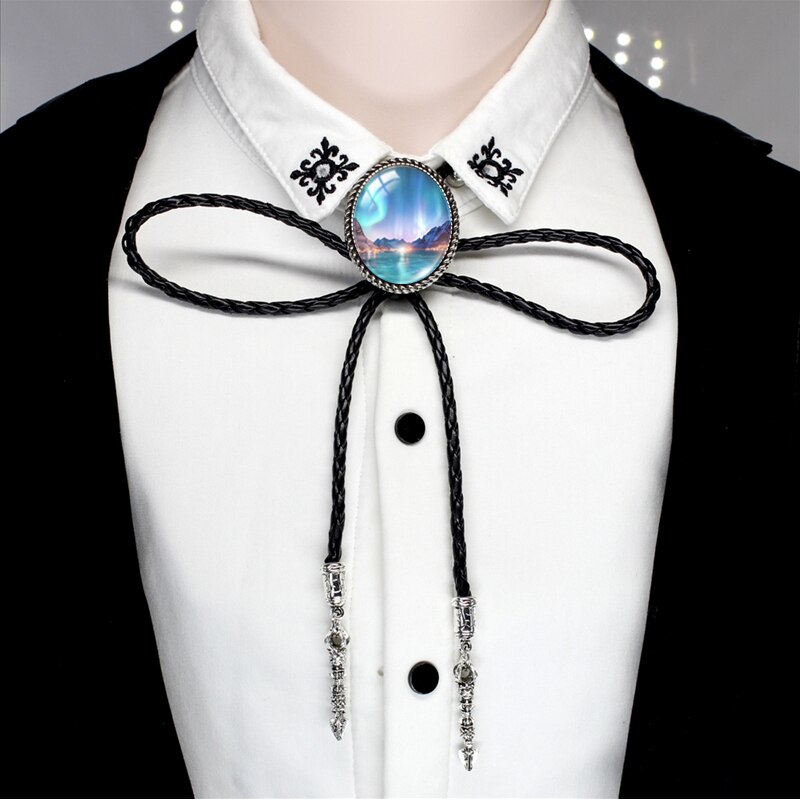 BOLO-00168 nuovo arrivo Polar Light Galaxy Nebula ovale in vetro Cabochon Western Bolo Tie Neck cravatte collana a catena in pelle: 4-2