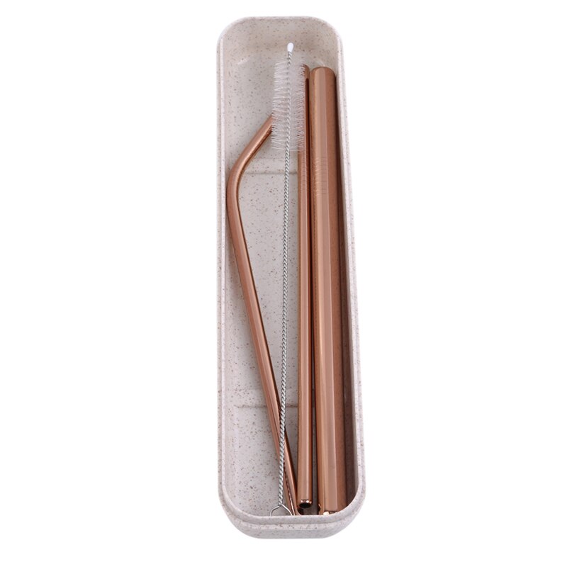 4 unids/set pajitas de acero inoxidable con cepillo limpiador pajitas de Metal reutilizables pajita de zumo portátil de 5 colores con cepillo limpio: rose gold