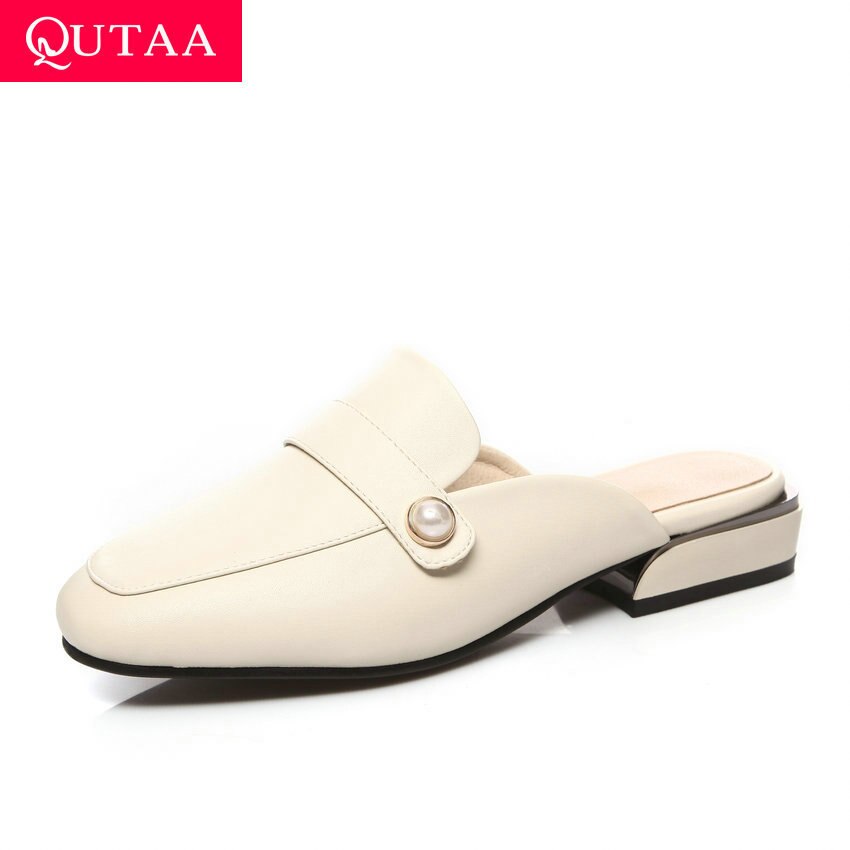Qutaa Ronde Neus Kraal Casual Comfort Vrouwen Schoenen Vierkante Hak Slingback Pu Leer Alle Match Zomer Slip Op Sandalen size34-43