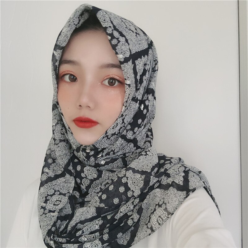 Muslim headscarf retro chiffon crepe scarf silver print long scarf Dubai headscarf hijab: Black