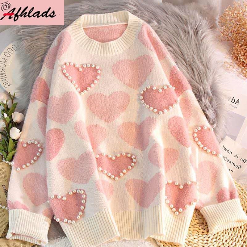 Pull en Jacquard épais tricoté pour femme, ample et rose avec perles, style coréen, collection automne et hiver