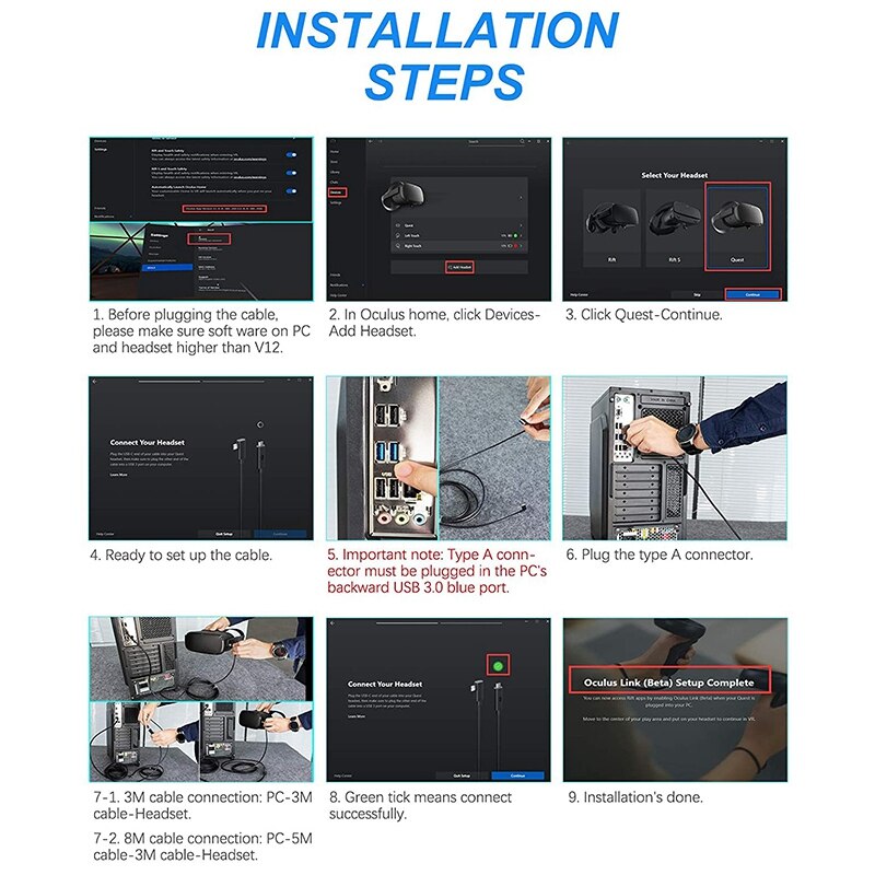 1 Set Total 8M/26Ft USB Stable Data Cable Compatible for Oculus Quest Link Steam VR