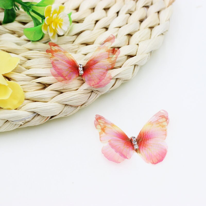 50 pièces de papillon en tissu Organza de couleur dégradée, Appliques de papillon en mousseline translucide de 38Mm pour décoration de fête, embellissement de poupée
