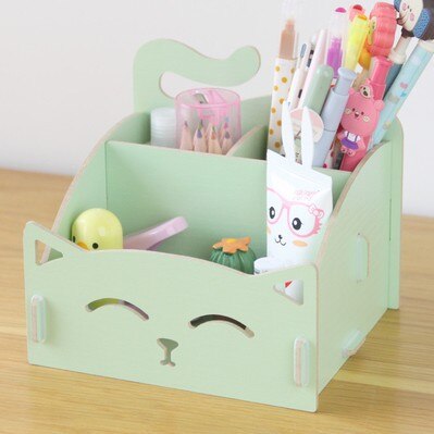 Penholder Wood Cosmetics Receiving Box Cute Cat Penholder Note Box Penholder Receiving Penholder: green