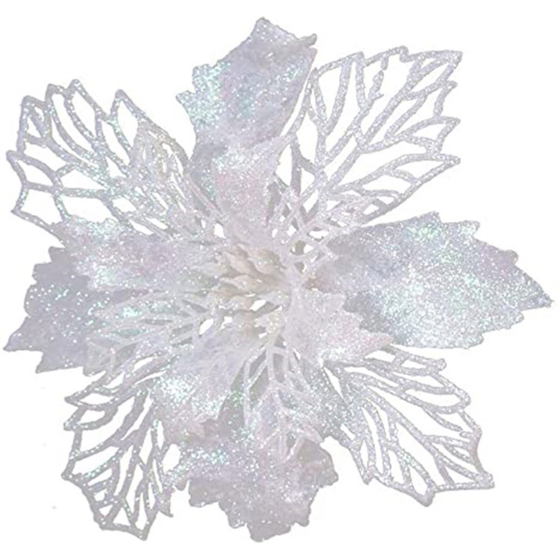 Juleglitter julestjerne kunstige blomster juletrepynt plast til kranser girlander bryllupsdekor: Hvit