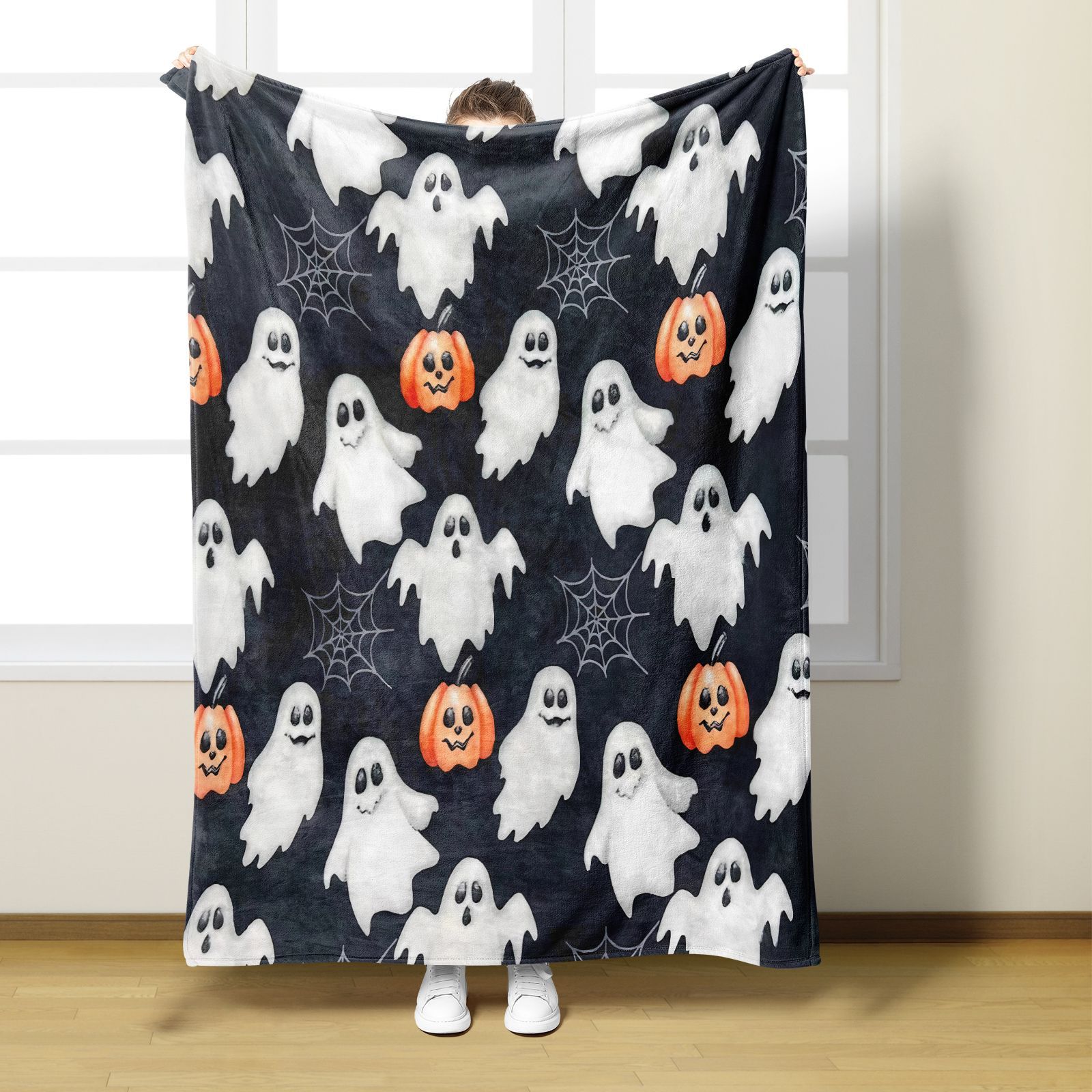Orangefarbene Halloween-Flanelldecke für Höhle Winter, warm, weich, Karikatur-Kürbis, Digital bedruckt, Überwurfdecken für Sofa, Bettdecke: 100x140cm / Schwarz