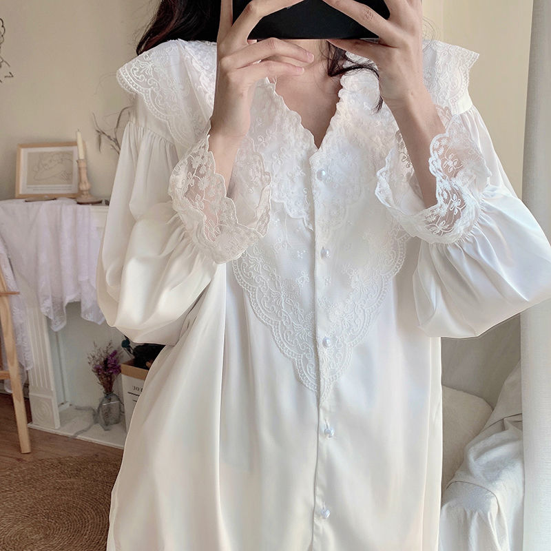 Camisola feminina renda doce manga comprida, camisola casual folgada coreana adorável mini vestido vintage branco com botões