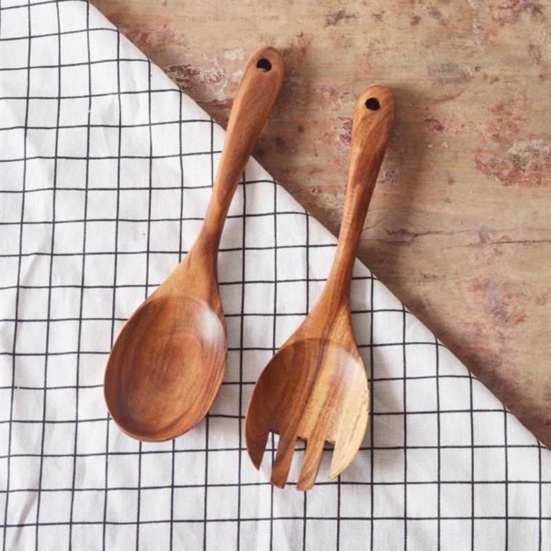 Cocina Natural cuchara de madera ensalada cena servir cucharas servidor tenedor de madera juego de vajilla cuchara utensilios de madera vajilla