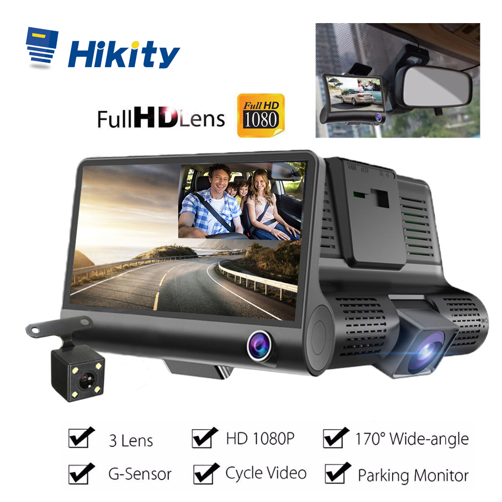 Hikity-caméra voiture DVR 3 | Objectif de 4 ''tableau de bord à trois voies, caméra double objectif avec vue arrière, caméra enregistreur vidéo 170 degrés Dvr large