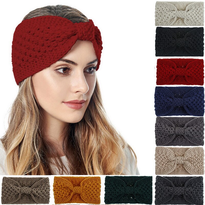 Neue Winter Gestrickte Elastische Stirnbänder Turban Für Frauen Mädchen Stricken Wolle Haarband Häkeln Bogen Breite Stirnbänder Haar Zubehör