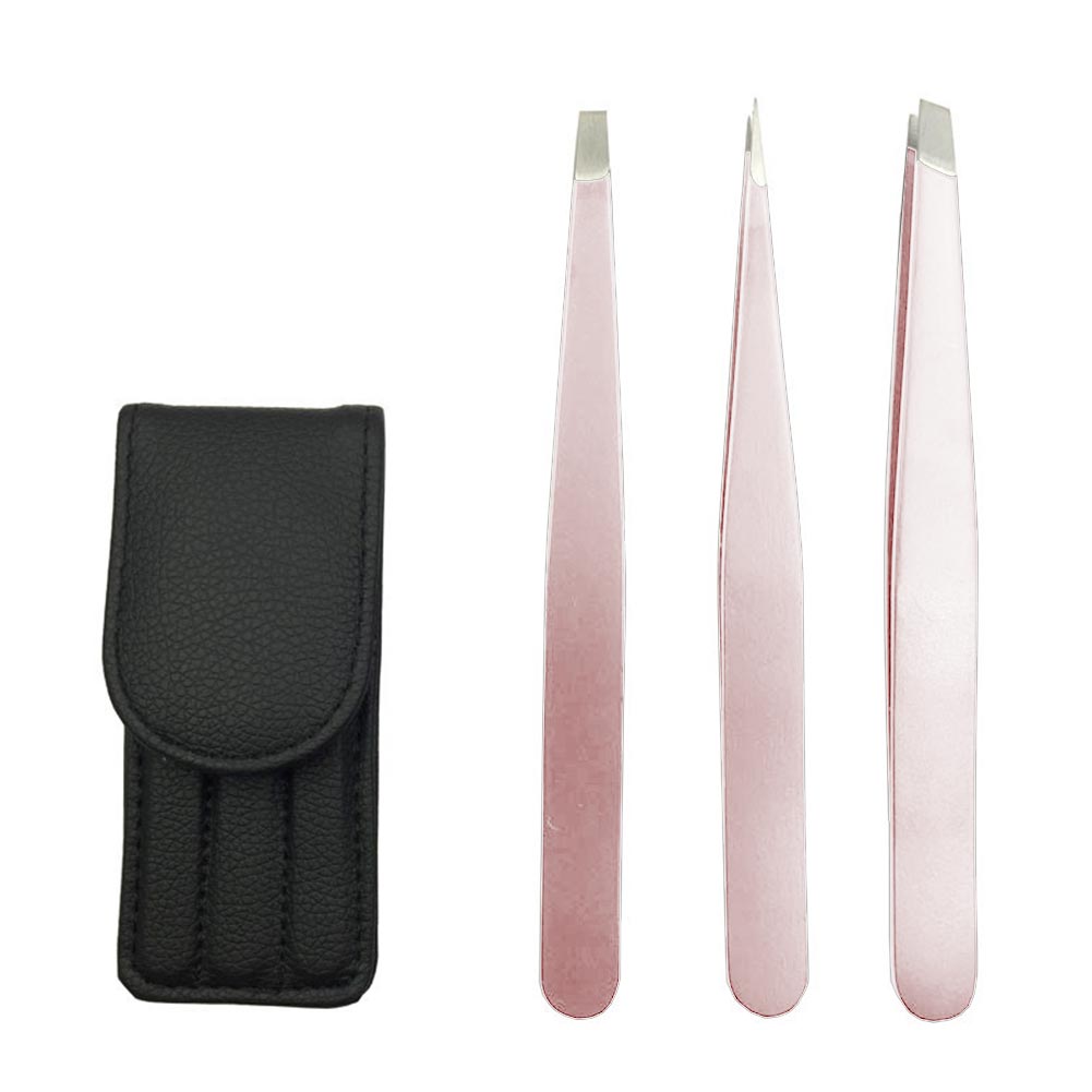 3pcs Splinter Ingrown Hair With Case Makeup Tweezer Set Tool Tip Travel Small Eyebrow Removal Stainless Steel: Pink