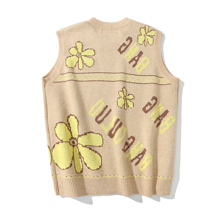 95%  bomulds vintage strik vest herre trøjer blomsterprint brun efterår jacquard ærmeløs trøje koreansk tøj