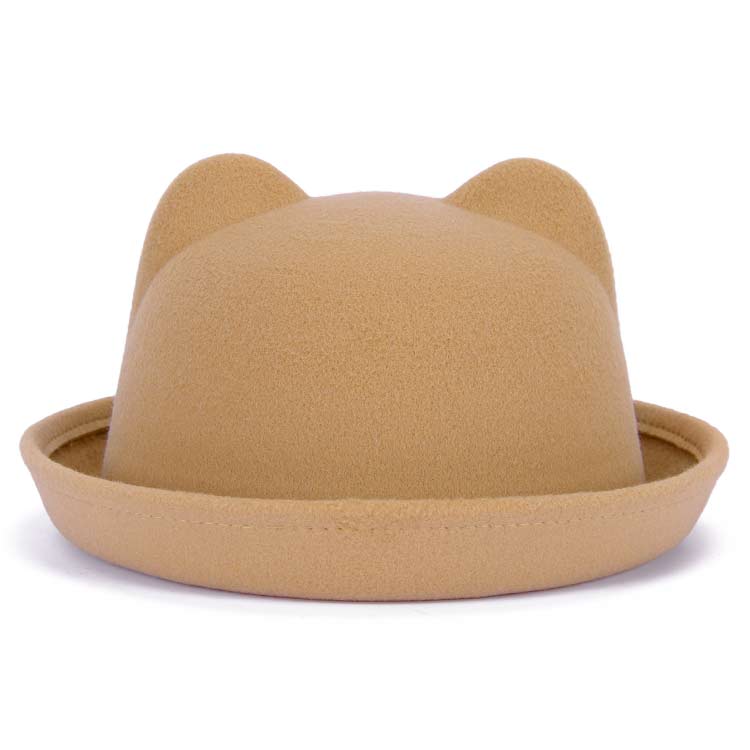 Girls Children Fedoras Hat Spring Bowler Hat Roll Brim Dome Top Hat Devil Horns Cat Ear Felt Wool Sun Hat Good Package 20: Khaki