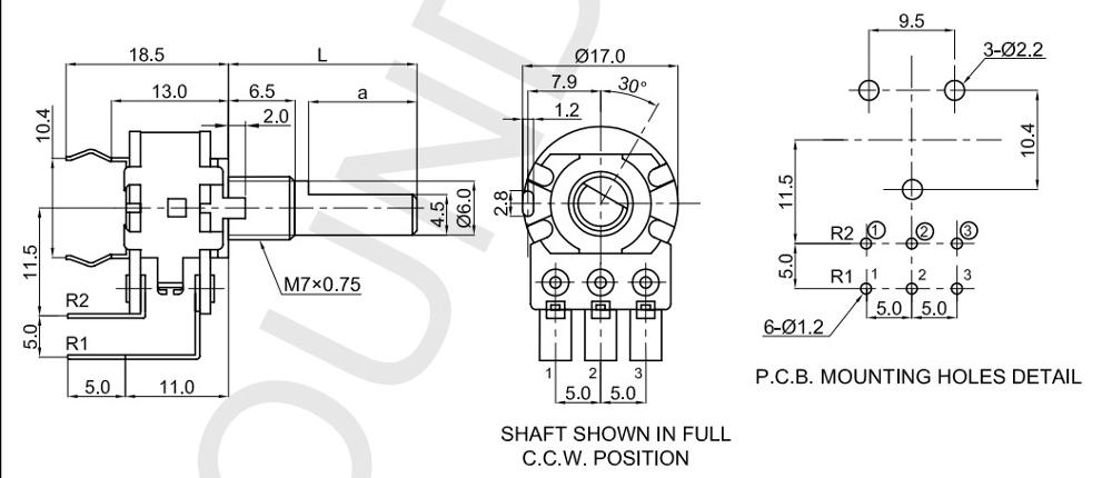 High 16-type potentiometer with double B50K bent foot axis length 25MM power discharge potentiometer with fixed foot 6 f