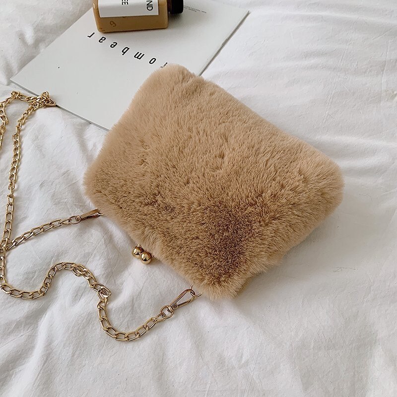 Winter schattige clip imitatiebont meisjes avondtassen dames crossbody tassen zachte pluche dames messenger bags dames handtassen: Khaki
