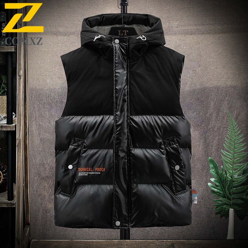 Autumn Winter Men Hooded Cotton Vest Korean Style Trend Thickened Sleeveless Coat Waterproof Windproof Suitable Camping Fishing