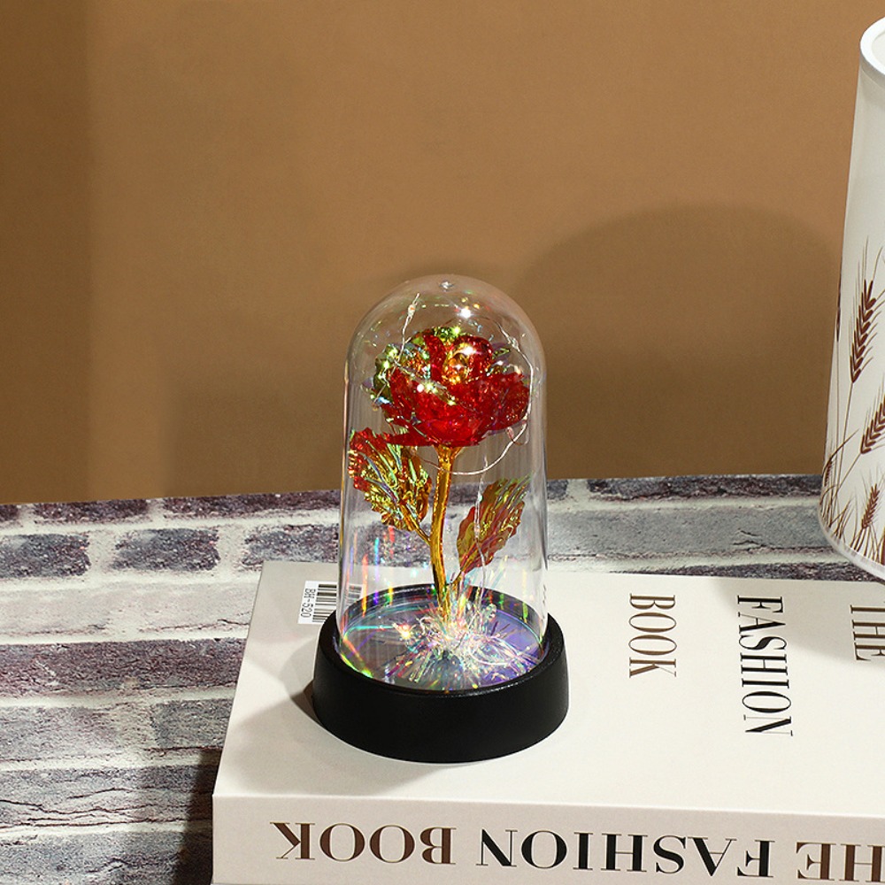 Rode kleurrijke roos kunstbloemen bruiloft decoratie eeuwige roos decoratieve bloemen planten oplichtende roos in een glazen koepel