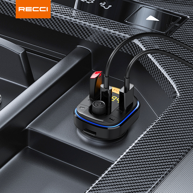 Recci  rq01 multifunctional wireless car  mp3 player bluetooth dual usb fm transmitter 48wpd fast charging