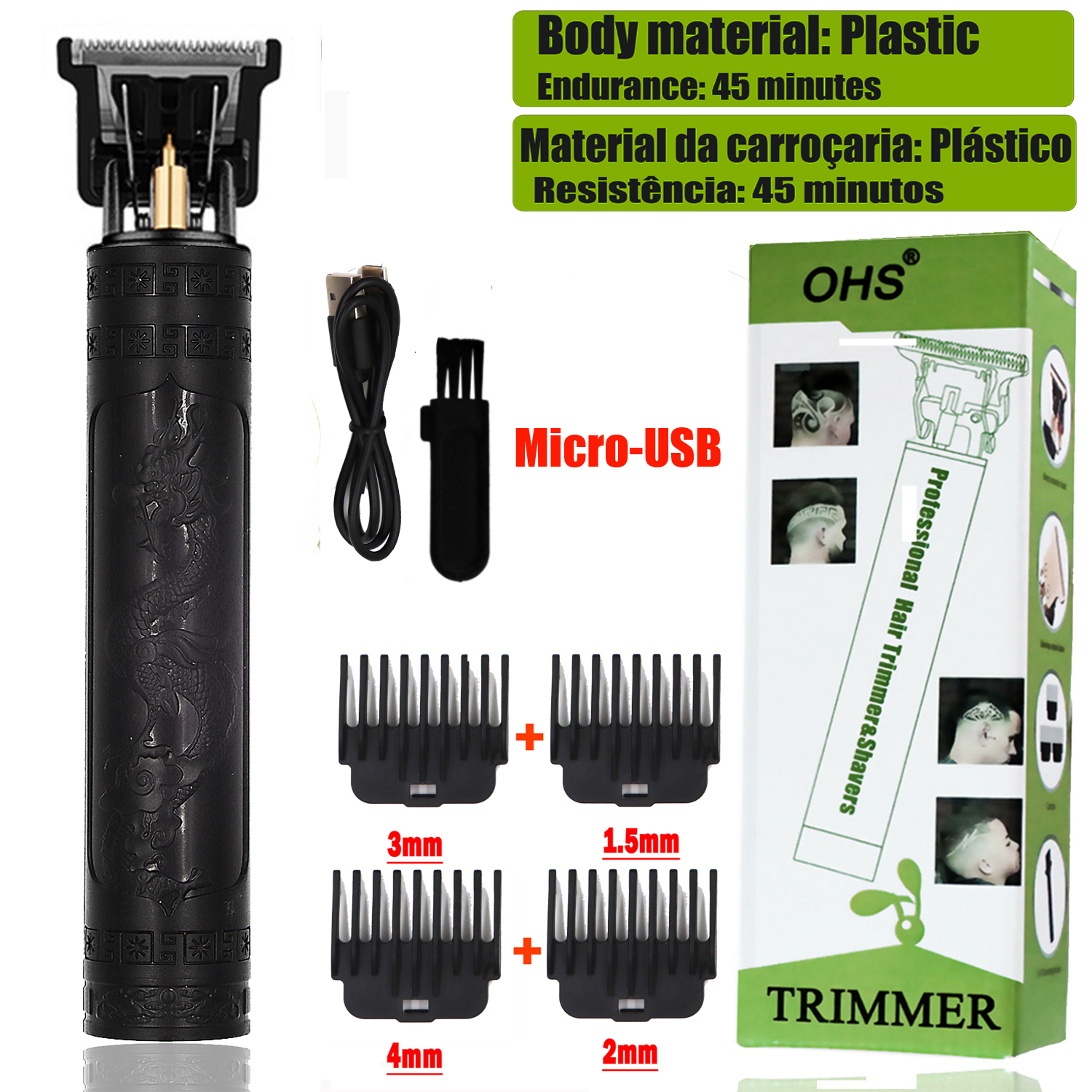 OHS Electric Hair Clipper USB Cordless Clipper Beard Trimmer Haircut Grooming Kit Hair Cutting Machine: black