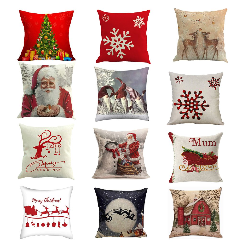 Kerst Kussenhoezen Set Van 4 Katoen Linnen Afdrukken Kussenhoezen Decoratieve Kussenhoes Voor Sofa Kantoor 45X45 cm