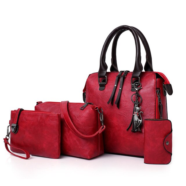 HBWJ Women Tassel Handbags PU Leather Shoulder Crossbody Bag + Purse Small Totes Female Composite Bags: Red