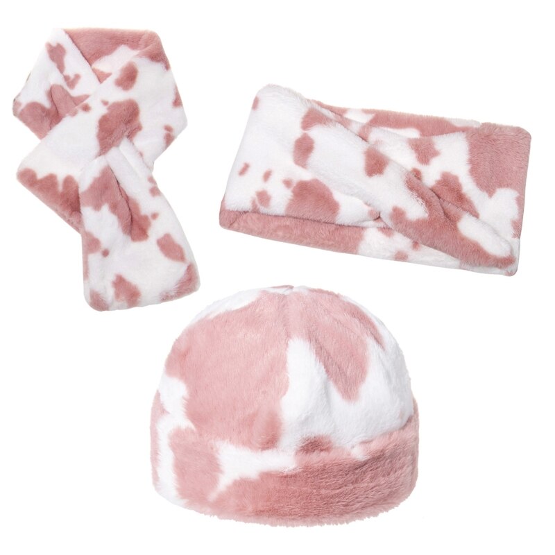 3 -delad unisex vinter fluffig plysch mössa dödskallehatt med halsduk set kotryckt vindtätt tjock snö skidhalsvärmare: Rosa