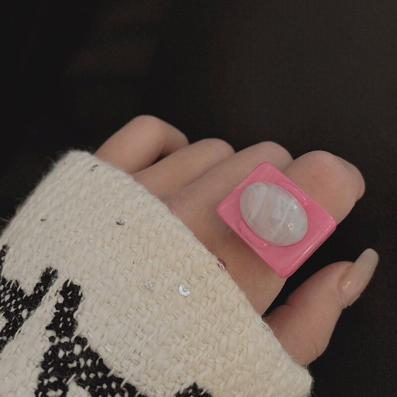Huanzhi retro firkantet maling ring slik farve zirkon rhinestone uregelmæssig emalje glasur ring til kvinder piger smykker: L