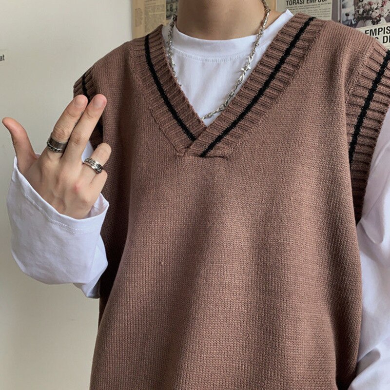 Suéter coreano de otoño para hombre, chaleco informal de punto con cuello en V, ropa de calle para hombre, chaleco holgado, suéteres de punto para hombre, M-XL