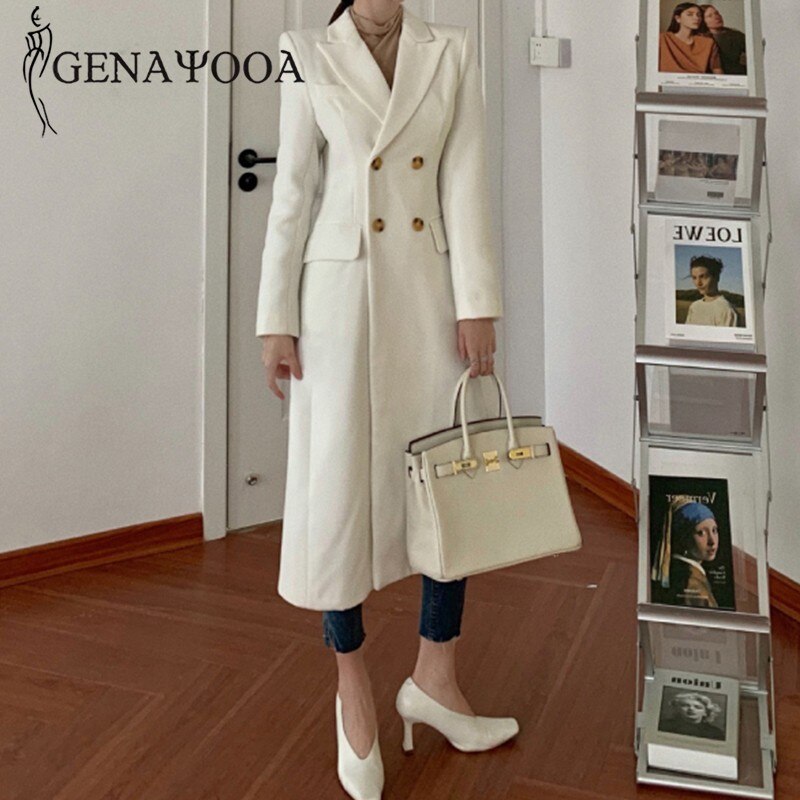 Genayooa kvinnor vinter vit kappa ull kontor damer lång kappa varm dubbelknäppt överrock koreansk