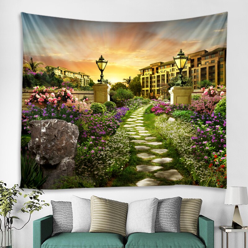 Beautiful city flower path wall hanging in the sunset 3d digital printing tapestry bedroom art decoration